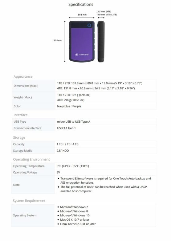 Transcend 2 TB Rugged Portable Hard Drive - Shock Resistant USB 3.1 Gen 1 StoreJet Purple - TS2TSJ25H3P - Image 3