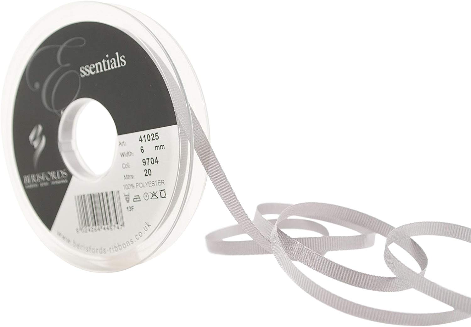 Berisfords 41025 20 m x 6 mm Polyester Grosgrain Ribbon, Grey, 6mm