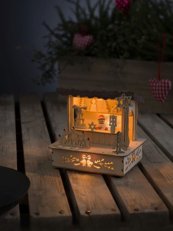 Konstsmide 2822-100 LED Wooden Market Stall “Christmas Shop” with Grey Roof Christmas Light,3 Warm White Diodes, Natural, 12.5 cm*9.5 cm*11.5 cm - Image 3