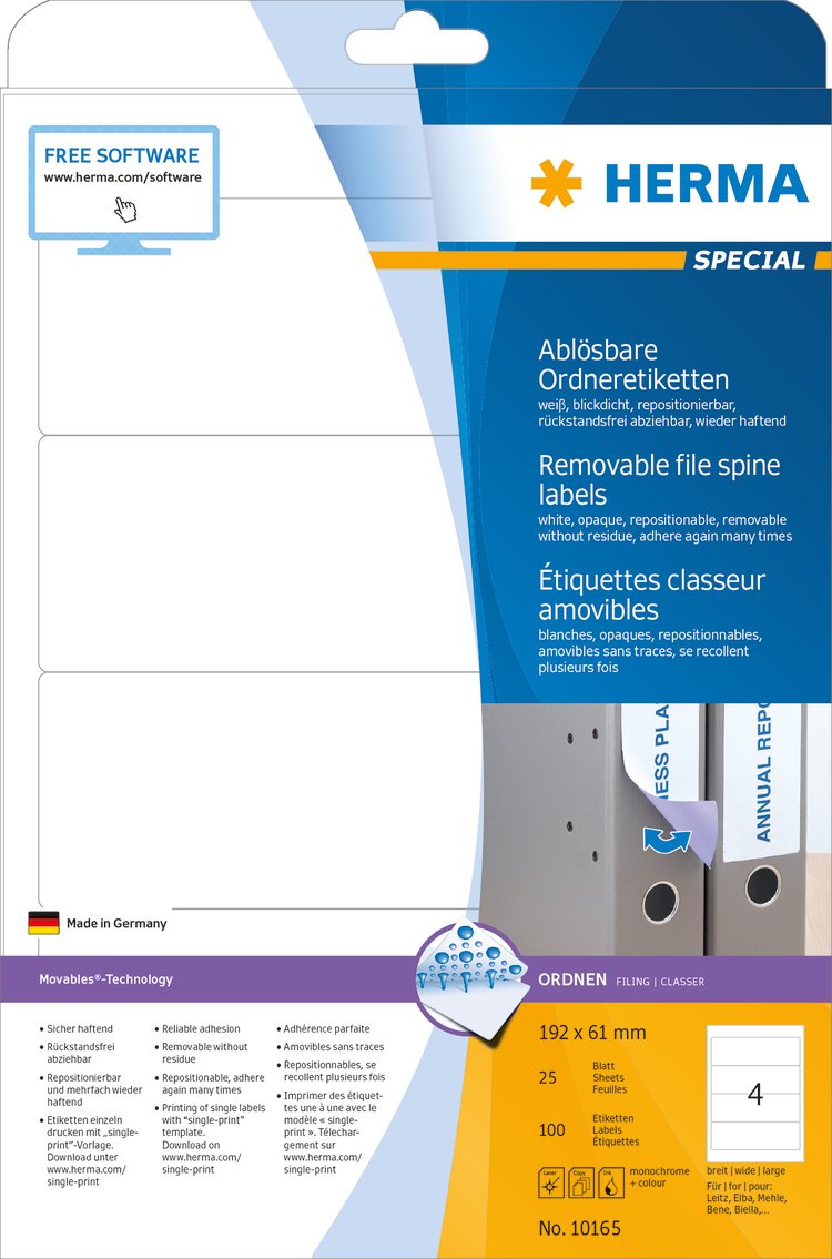 HERMA Self Adhesive Removable Spine Labels, 4 Labels per A4 Sheet, 25 Sheets, 192 x 61 mm, 100 Labels - Image 3