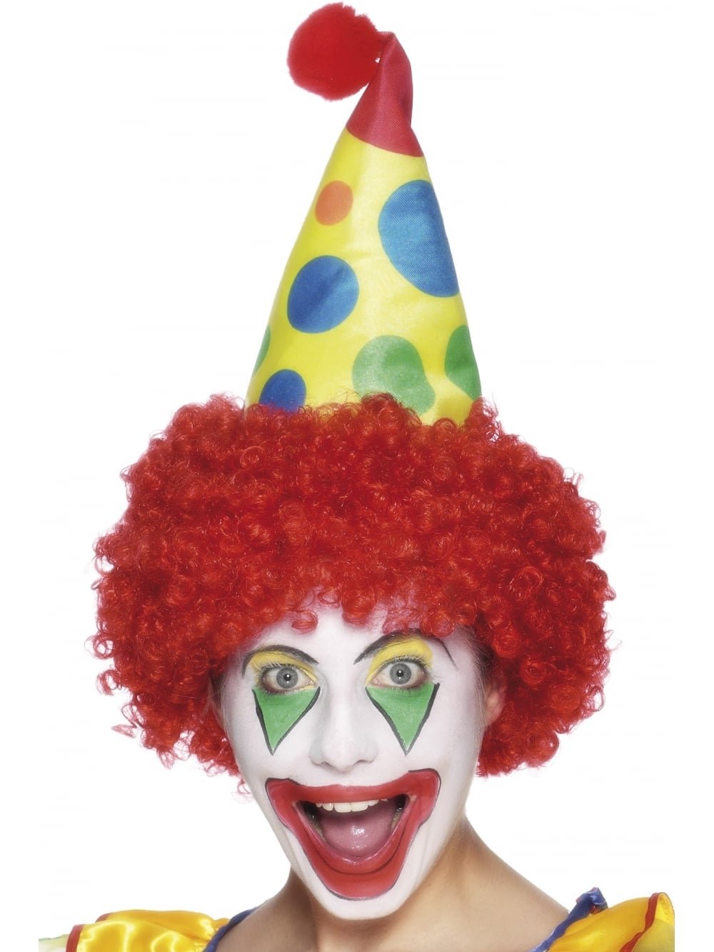 Smiffys Clown Hat, Red with Wig, Circus Fancy Dress, Clown Dress Up Hats