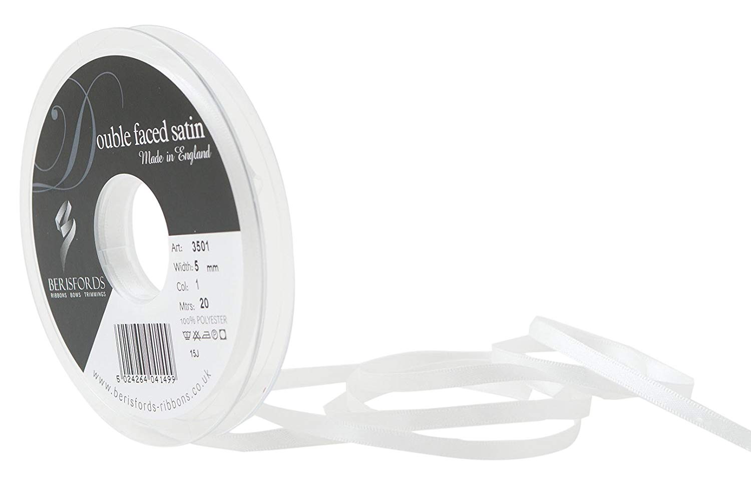 Berisfords Double FACE Poly Satin Ribbon, White, 5 mm