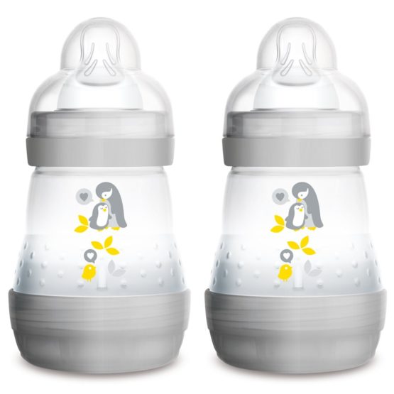 MAM Easy Start Self Sterilising Anti-Colic Baby Bottle 2 Pack (2 x160 ml) with Slow Flow MAM Teats, Newborn Essentials, Grey (Designs May Vary)