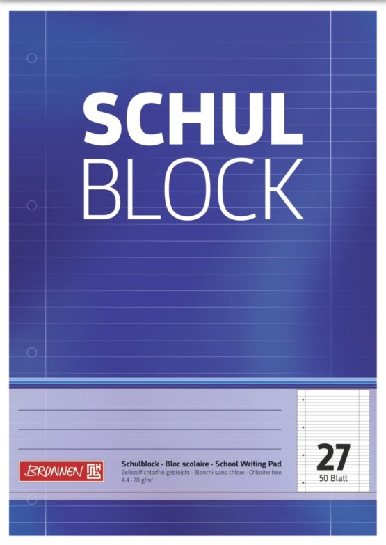 Brunnen 1052527 School Block/Notepad (A4, 50 Sheets, Lined, with margins, 27 Lines, Perforated, top glued, 70g/m²)