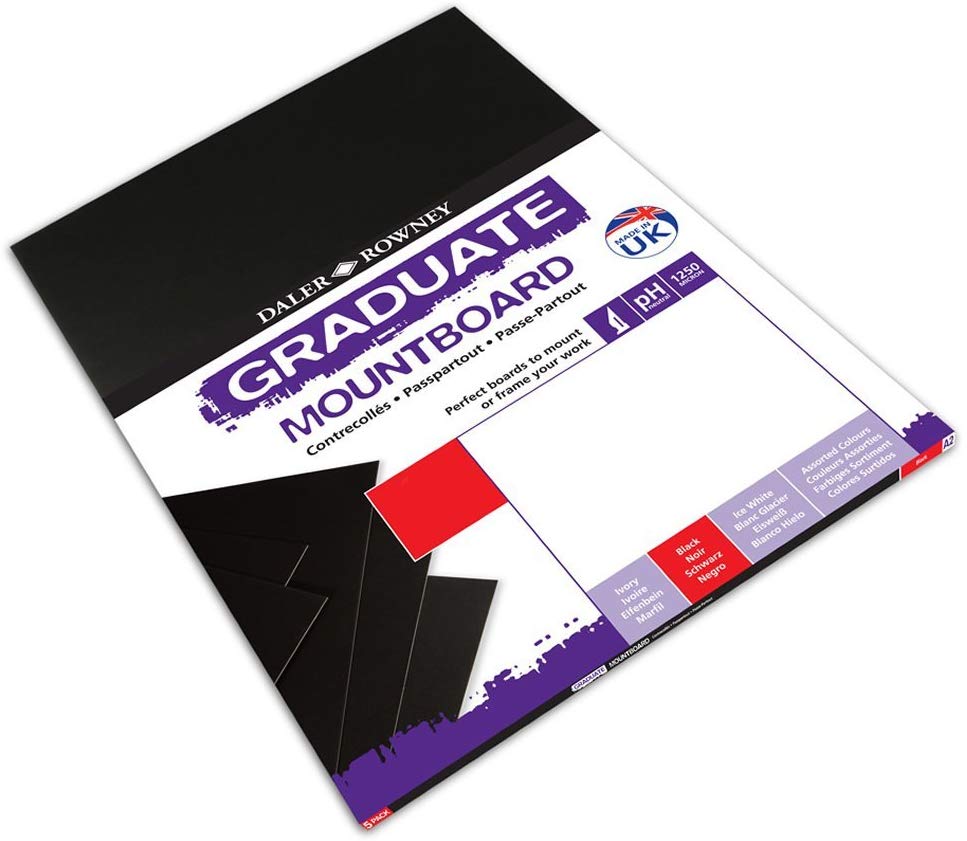 Daler-Rowney Graduate 1.25mm Thick A2 Cream Core Mountboard with a Smooth Black Surface Pack, 5 Boards, For Students and Displays