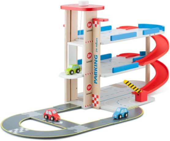 New Classic Toys 11040 Wooden Parking Garage with Track and 3 Cars for Preschool Age Toddlers Boys Girls, Multi Color