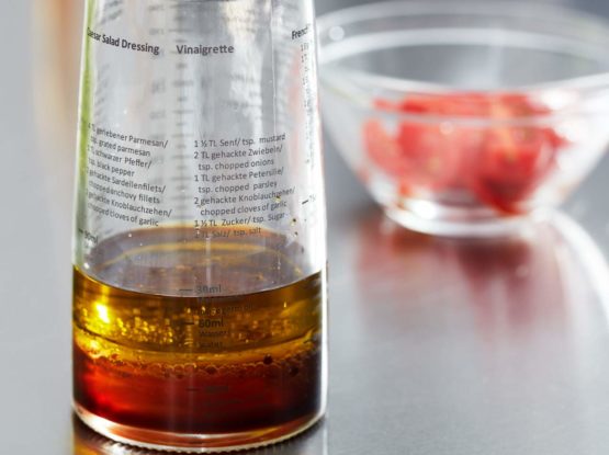 Leifheit Salad Dressing Shaker, 5 Imprinted Recipes, Glass Bottle, Non-Drip Spout, Dishwasher Safe, Black Transparent, 300 ml Measuring, Salad Dressing Pots, dressing maker - Image 4