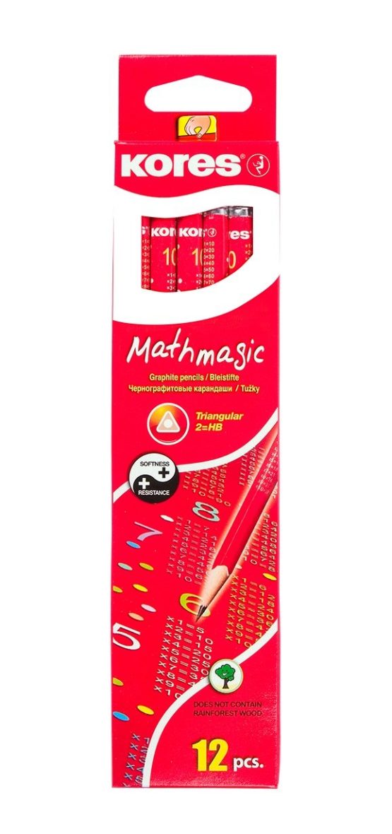 Kores - Mathmagic: HB Graphite Pencils for Kids with Soft Lead, Eraser Tip and Multiplication Table, Triangular Shape, School and Office Supplies for Writing, Drawing and Sketching, Pack of 12