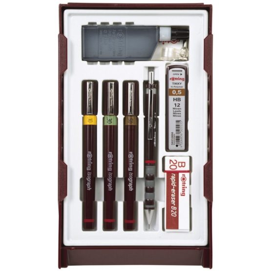 Rotring Isograph College Set 3X Technical Pens (0.20mm, 0.30mm, 0.50mm), 1x Tikky Pencil + Accessories, Red