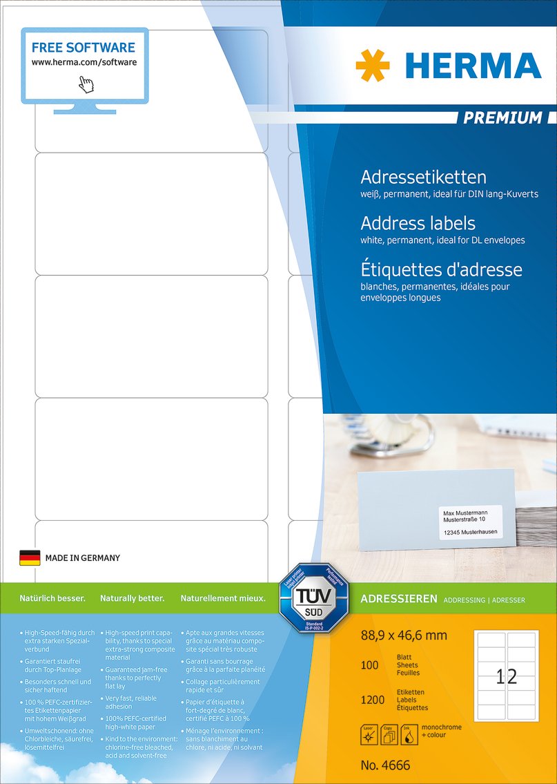 HERMA Self Adhesive Multipurpose Labels, 12 Labels per A4 Sheet, 100 Sheets, 88.9 x 46.6 mm, 1200 Labels - Image 3