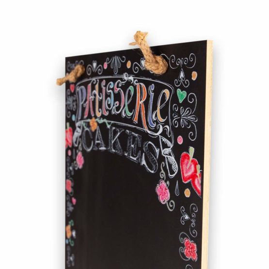 Chalkboards UK CHB137 Patisserie Tall Thin Chalkboard/Blackboard/Memo Kitchen Board with Rope, Tray and Chalk. Booths Design Range, Wood, Black, 60 x 26.5 x 1 cm - Image 3