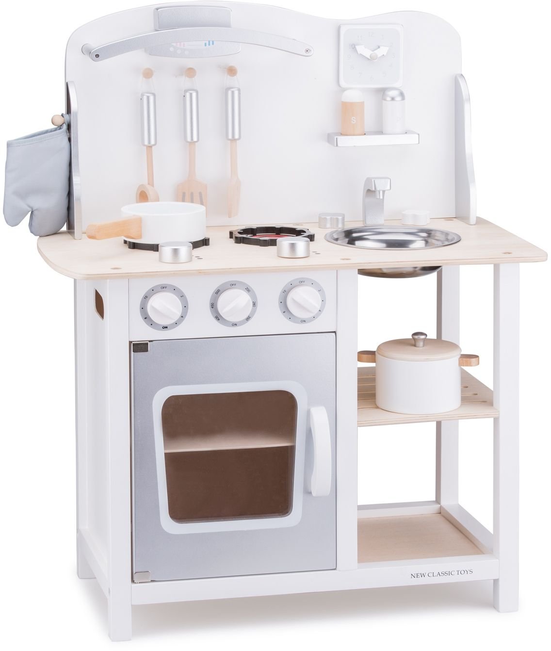 New Classic Toys 11053 Wooden Pretend Toy Kitchen for Kids Role Play Included Accessoires White/Silver, White/Silver