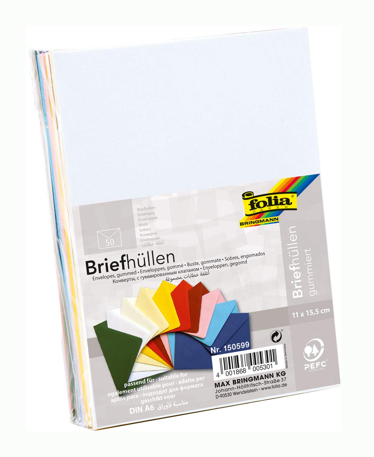 Folia 150599 C6 Envelopes in Assorted Colours Gummed 50-Pack, Mehrfarbig, a6
