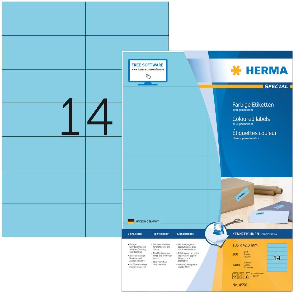 HERMA Self Adhesive Coloured Labels, 14 Labels per A4 Sheet, 100 Sheets, 105 x 42.3 mm, 1400 Labels
