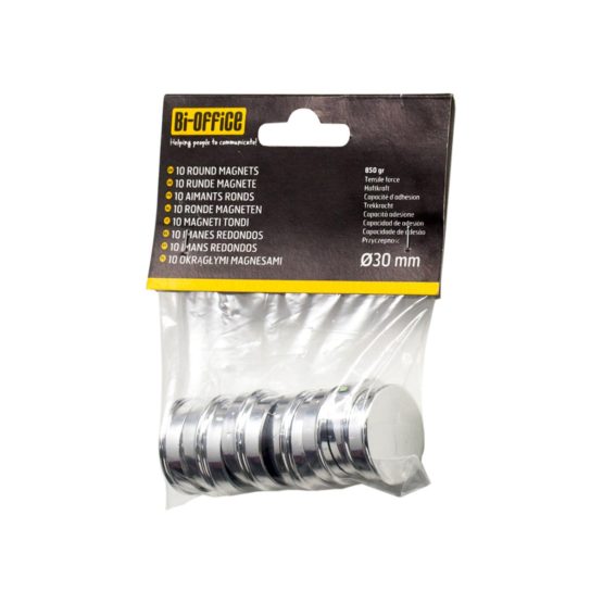 Bi-Office Set of 10 Round Magnets - 30 mm, Silver - Image 3