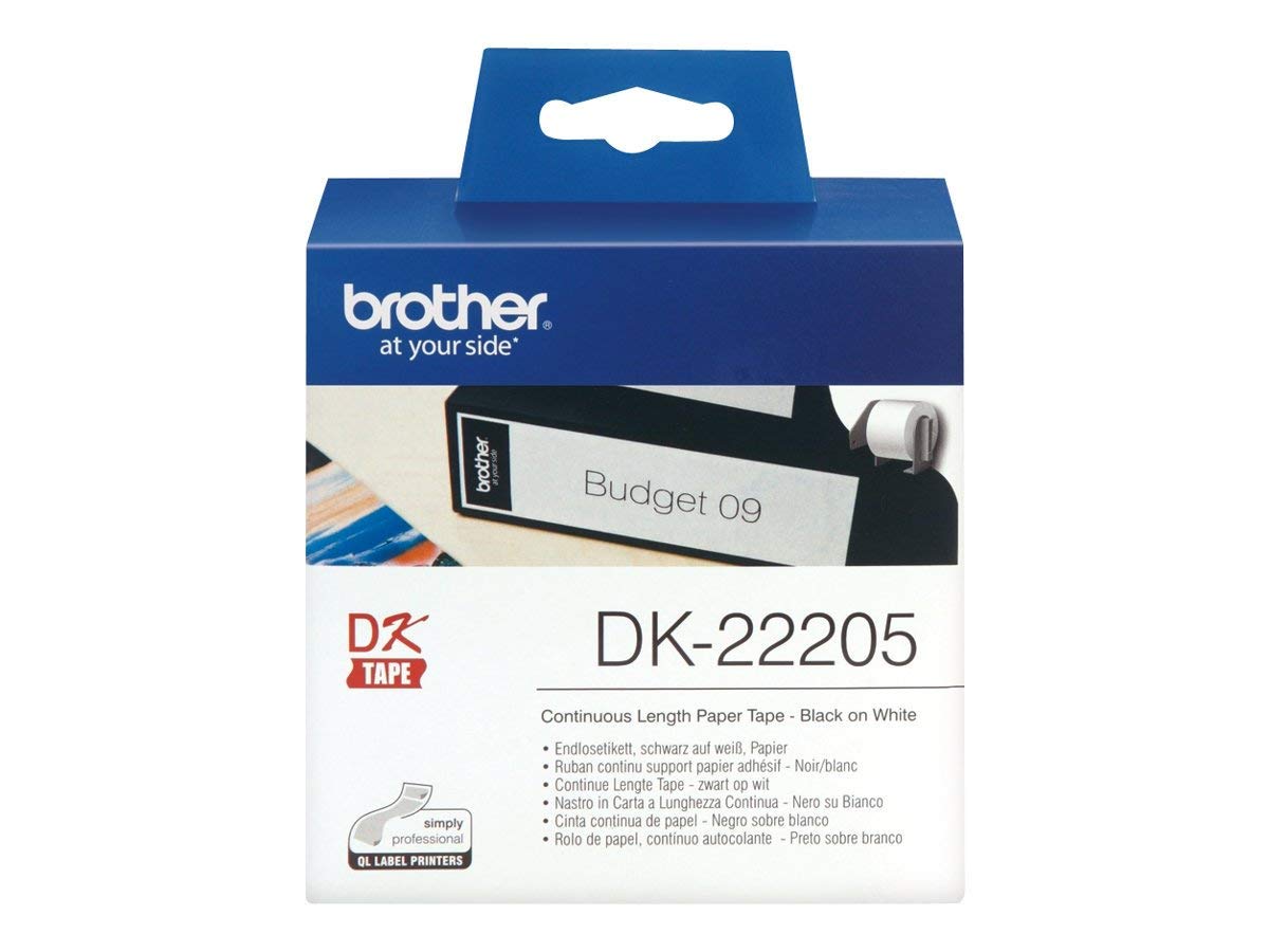Brother DK-22205 Label Roll, Continuous Length Paper, Black on White, Single Label Roll, 62mm (W) x 30.48M (L)