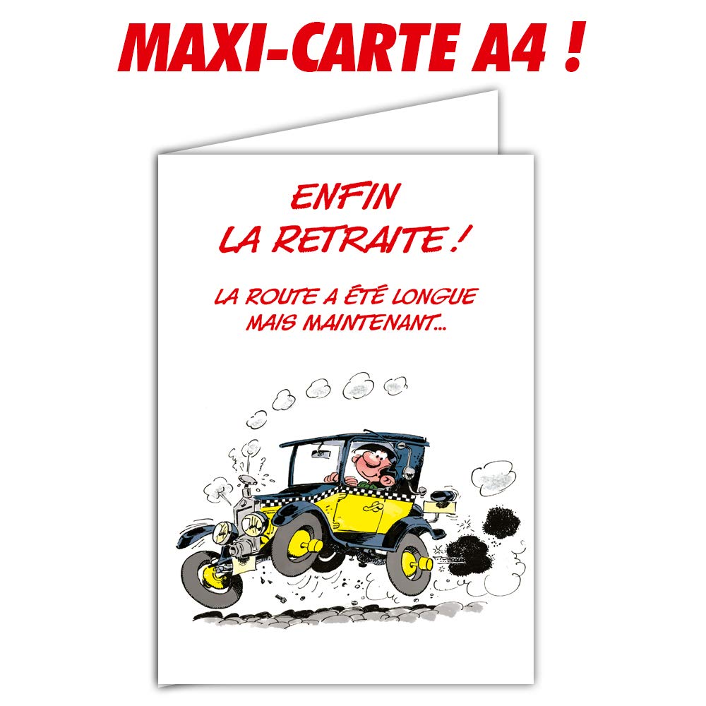 GLMX-2030 Gaston Lagaffe Retirement Card Large Maxi Giant A4 with Envelope - Car, Black and Yellow