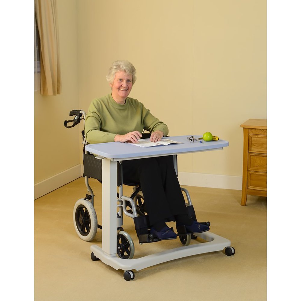 NRS Healthcare EasyLift Overbed / Over Chair Table Modern Blue N43577 Height Adjustable Curved