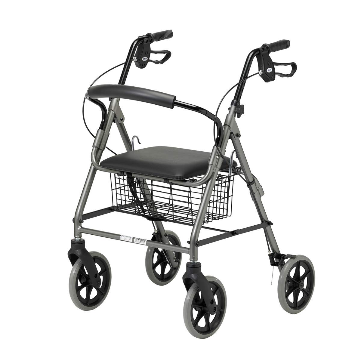 HOMECRAFT Four Wheeled Rollator Walker with Cable Brakes, Padded Seat and Backrest, Underseat Basket