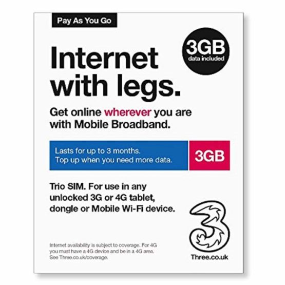 Three Mobile Pay As You Go Mobile Broadband 3 GB data SIM