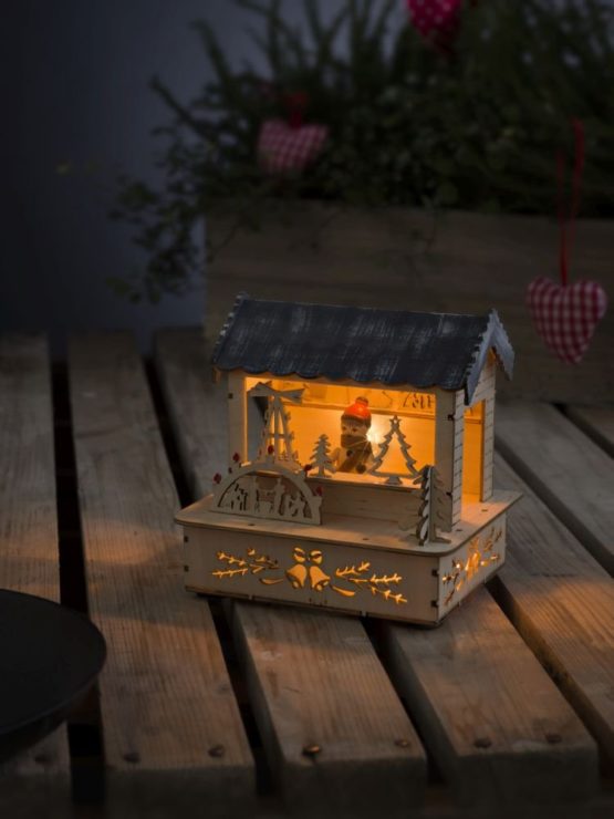 Konstsmide LED Wooden Market Stall “Christmas Shop” with Grey Roof Christmas Light/Indoor Use (IP20)/3 Warm White Diodes/Battery Operated: 3 x AA 1.5V (excl.), Natural, 2823-100 - Image 3