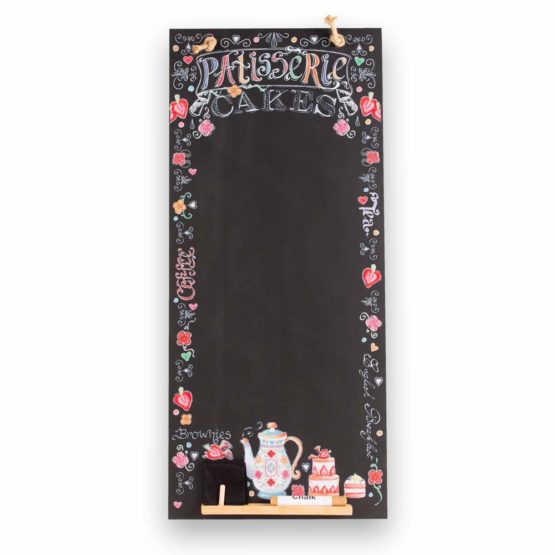 Chalkboards UK CHB137 Patisserie Tall Thin Chalkboard/Blackboard/Memo Kitchen Board with Rope, Tray and Chalk. Booths Design Range, Wood, Black, 60 x 26.5 x 1 cm