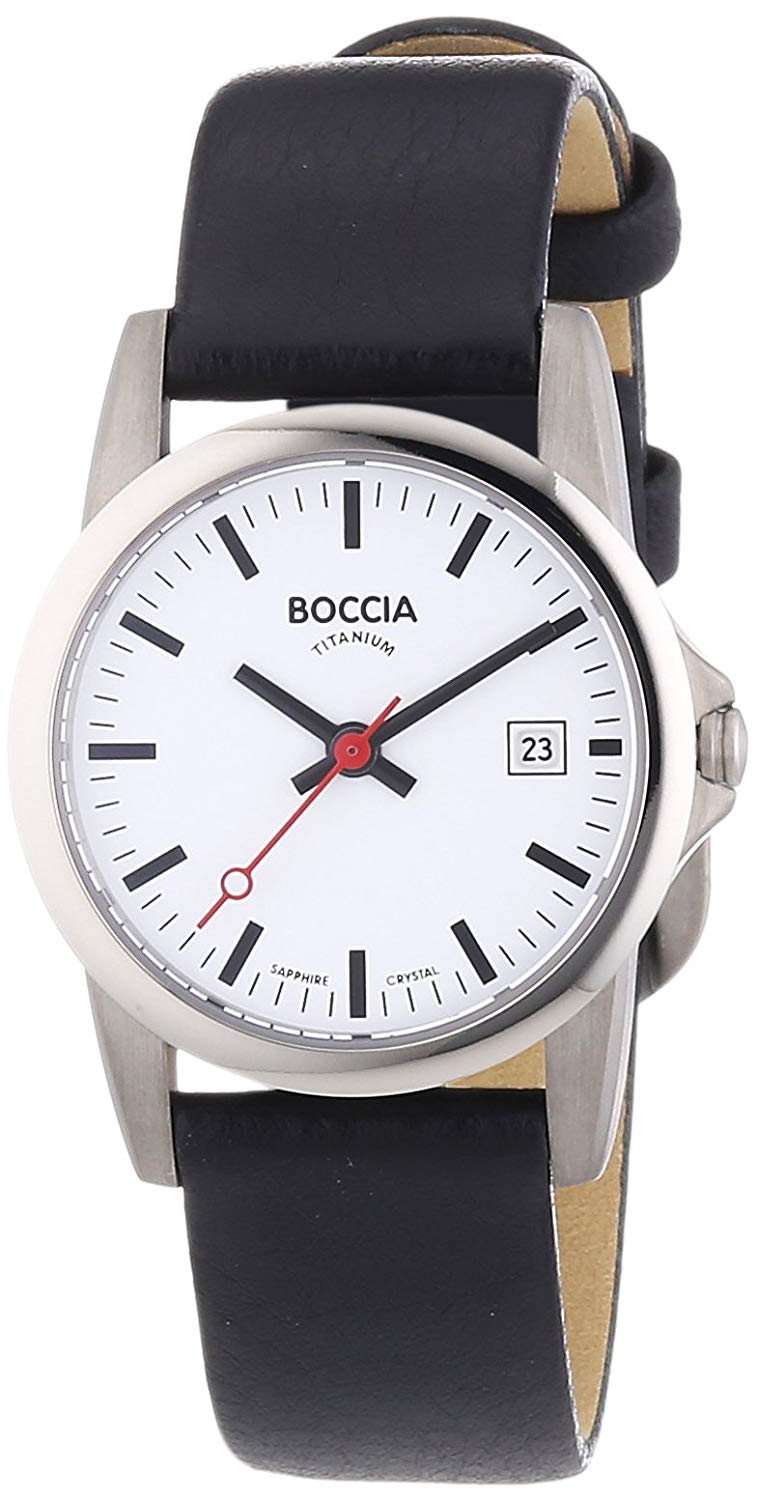 Boccia Ladies Quartz Watch with White Dial Analogue Display and Black Leather Strap B3080-07, White/Black
