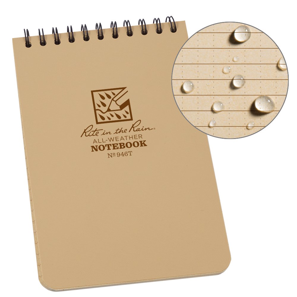 Rite in the Rain Waterproof Paper Pocket Notebook Top Spiral Bound Tan 4 x 6 Inch Cover Polydura 19 Gauge 100 Pages 50 Sheets Wire-o Binding Imperial & Metric Rulers Covnersaion table & Map Scale