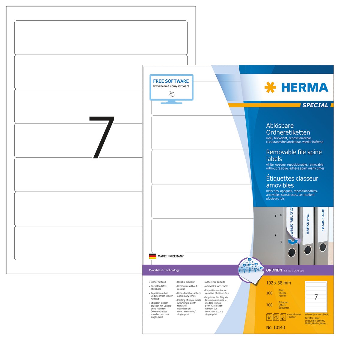 HERMA Self Adhesive Removable Spine Labels, 7 Labels per A4 Sheet, 100 Sheets, 192 x 38 mm, 700 Labels