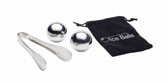 BarCraft Ice Ball Set, Stainless Steel, Pack of 2 Reusable Ice Cubes with Tongs and Storage Bag