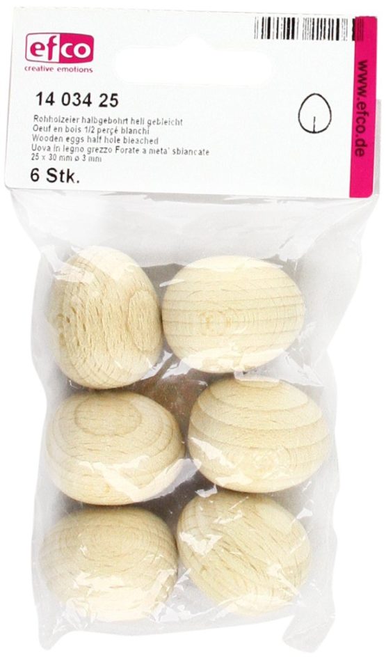 EFCO Wooden Eggs Half Hole 25 x 30 mm ø 3 mm 6 pcs Bleached, Wood, Brown, 10 x 10 x 6 cm