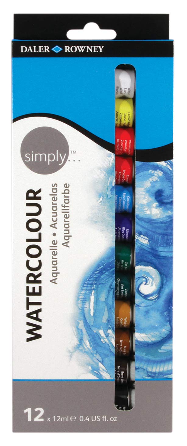 Daler-Rowney Simply 12ml Watercolour Paint Set, 12 Assorted Colours, Ideal for Entry-Level Artists & Hobbyists