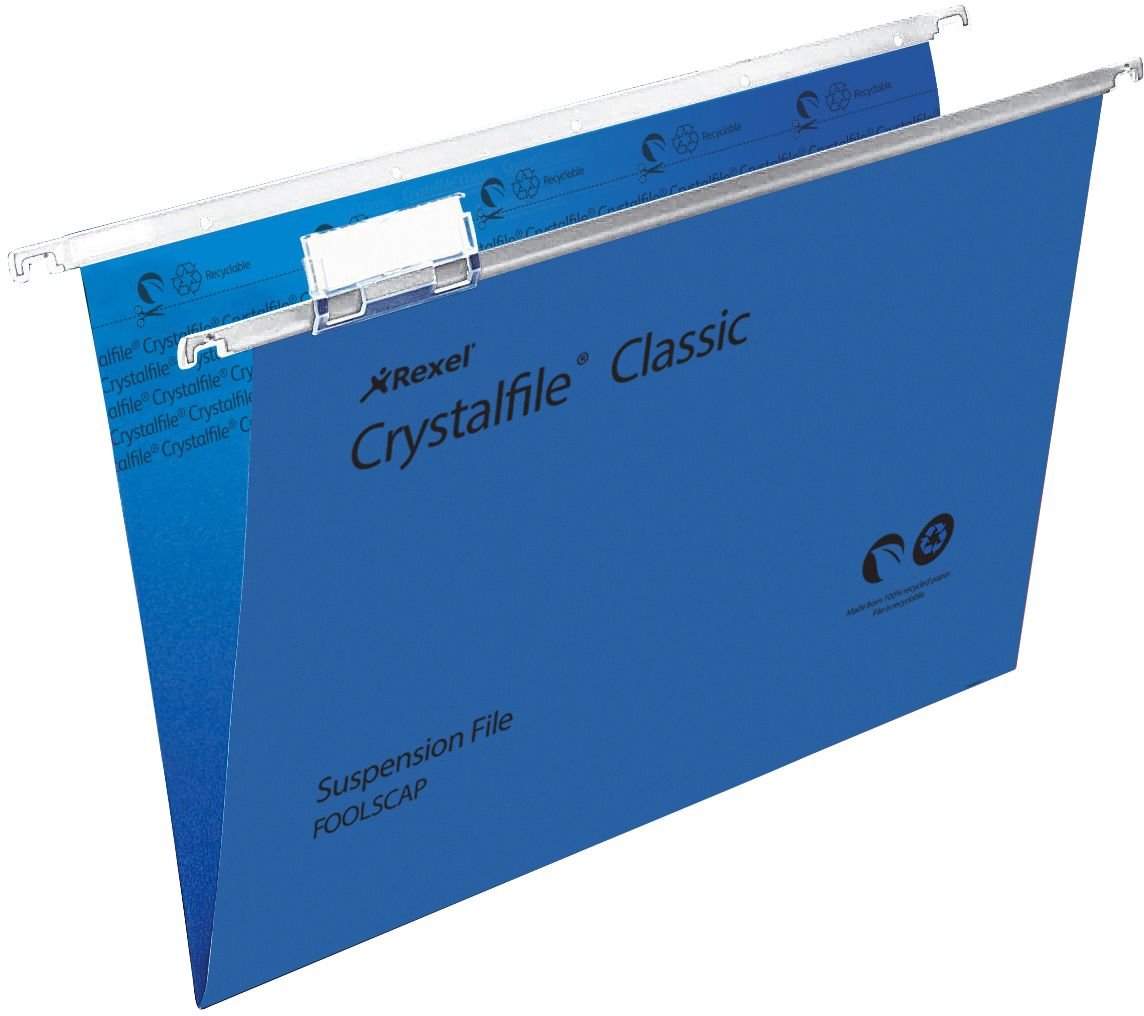Rexel Foolscap Suspension Files with Tabs and Inserts for Filing Cabinets 15 mm V base, 100 Percent Recycled Manilla, Blue