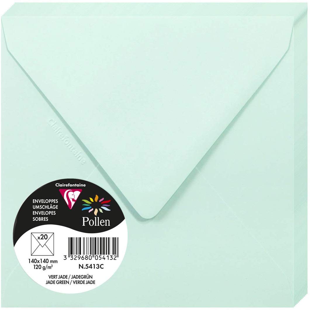 Clairefontaine 5413C Pack of 20 Gummed Envelopes Square Format 14x14cm 120g/m² Jade Green Invitation Events Correspondence Pollen Range Premium Smooth Paper