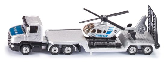 siku 1610, Police Low Loader with Helicopter, Metal/Plastic, Silver, Opening tailgate, Detachable trailer