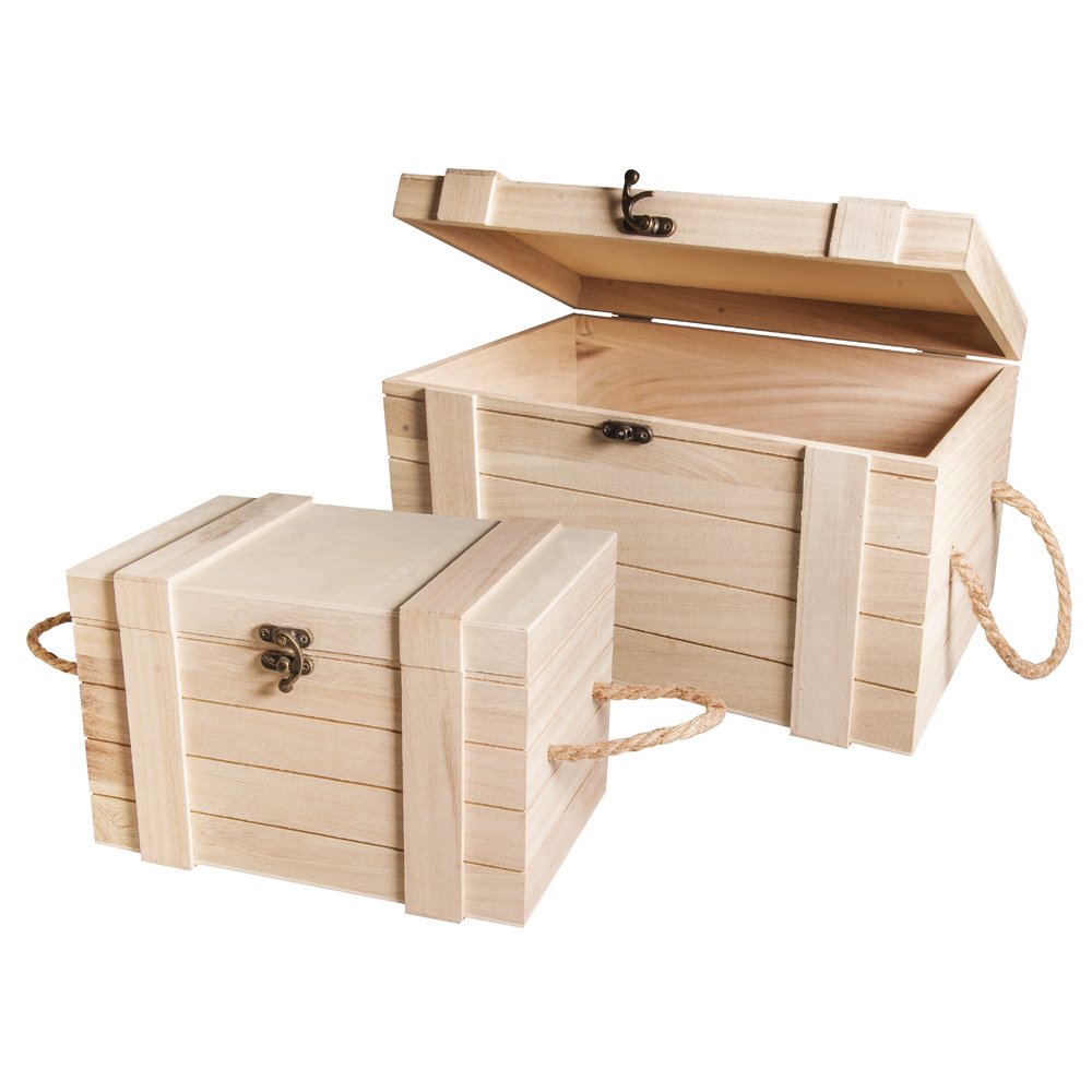 Rayher 62651000 Set of Two Wooden Chests with Jute Rope Handle, DIY Keepsake Box with Lid, Plain Wood