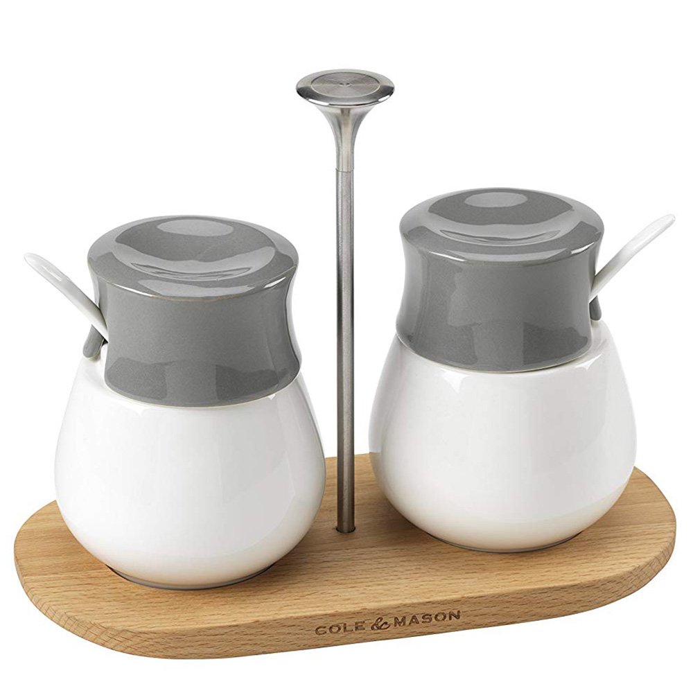 Cole & Mason Condiment Pots and Board, Ceramic, White/Grey, White and Grey
