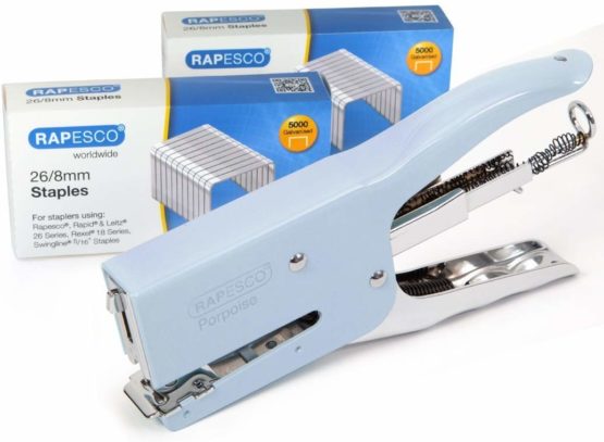 Rapesco 1355A Stapling Set: Porpoise Packaging Stapler, 45 Sheet Capacity, Powder Blue & 2 Boxes of 5000 x 26/8mm Staples