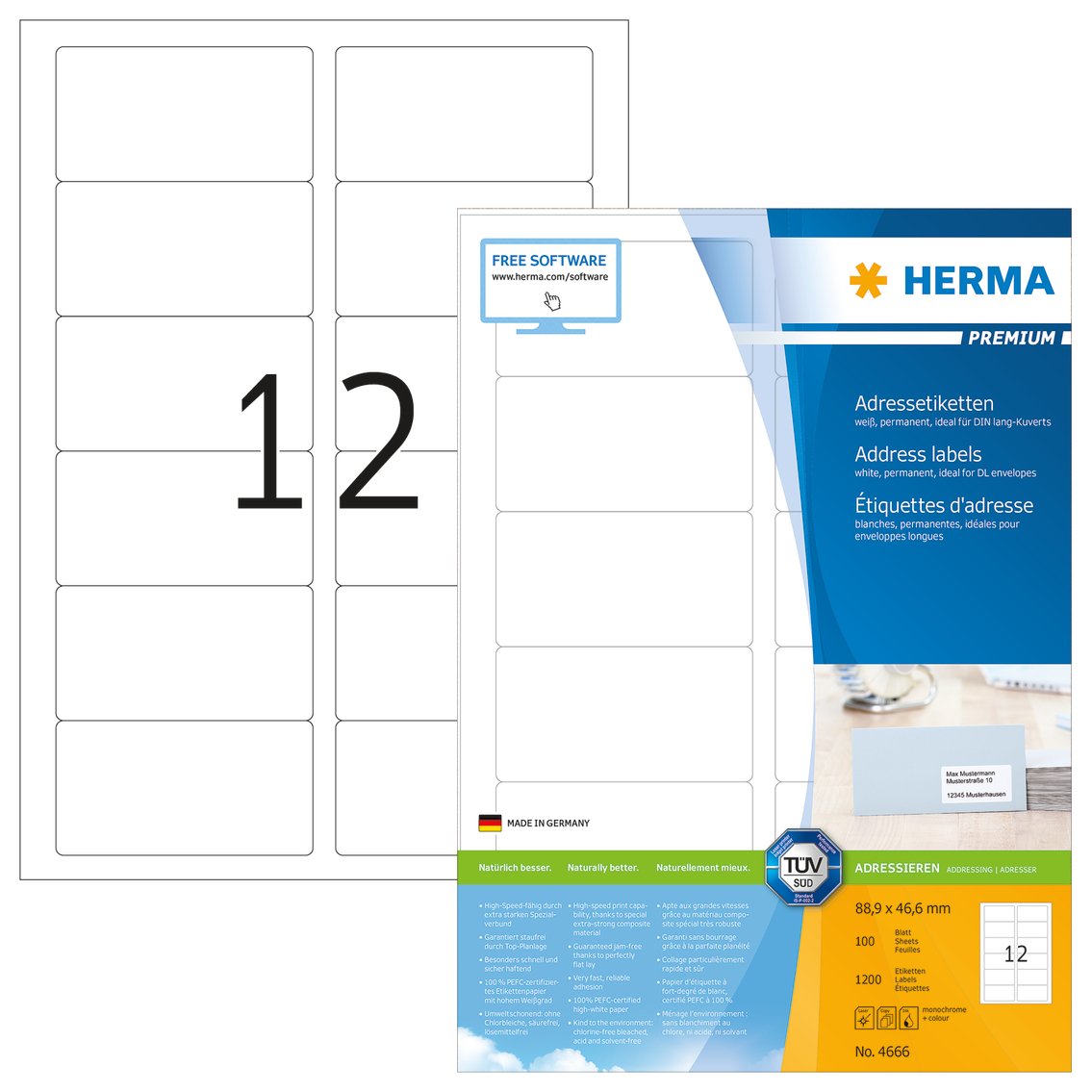 HERMA Self Adhesive Multipurpose Labels, 12 Labels per A4 Sheet, 100 Sheets, 88.9 x 46.6 mm, 1200 Labels