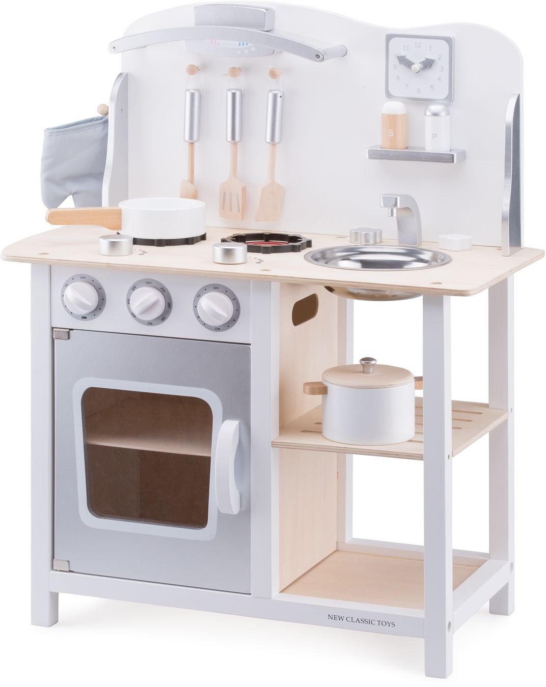 New Classic Toys 11053 Wooden Pretend Toy Kitchen for Kids Role Play Included Accessoires White/Silver, White/Silver - Image 2