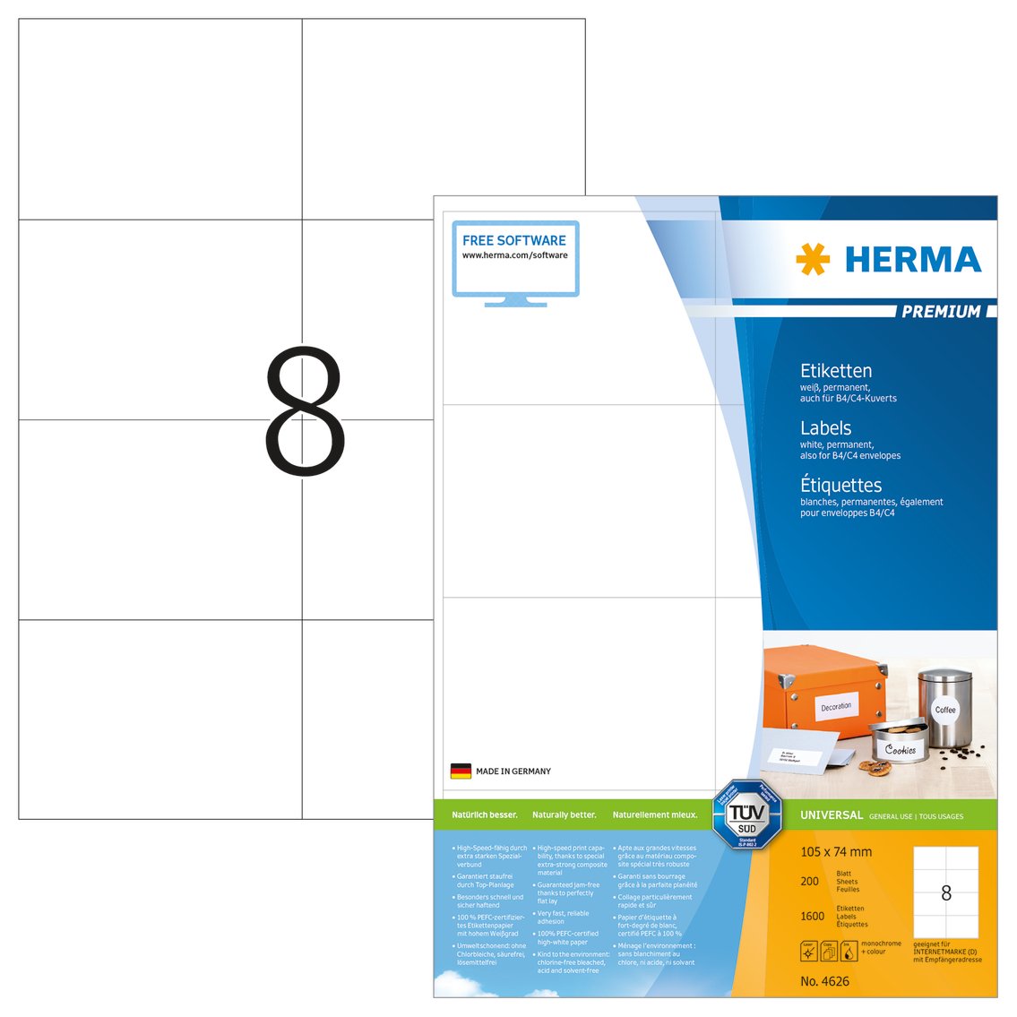 HERMA Self Adhesive Shipping Labels, 8 Labels per A4 Sheet, 200 Sheets, 105 x 74 mm, 1600 Labels