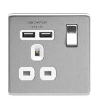BG Electrical fbs21u2w 2.1 A Masterplug Single Socket with 2 x USB, Brushed Steel White Insert