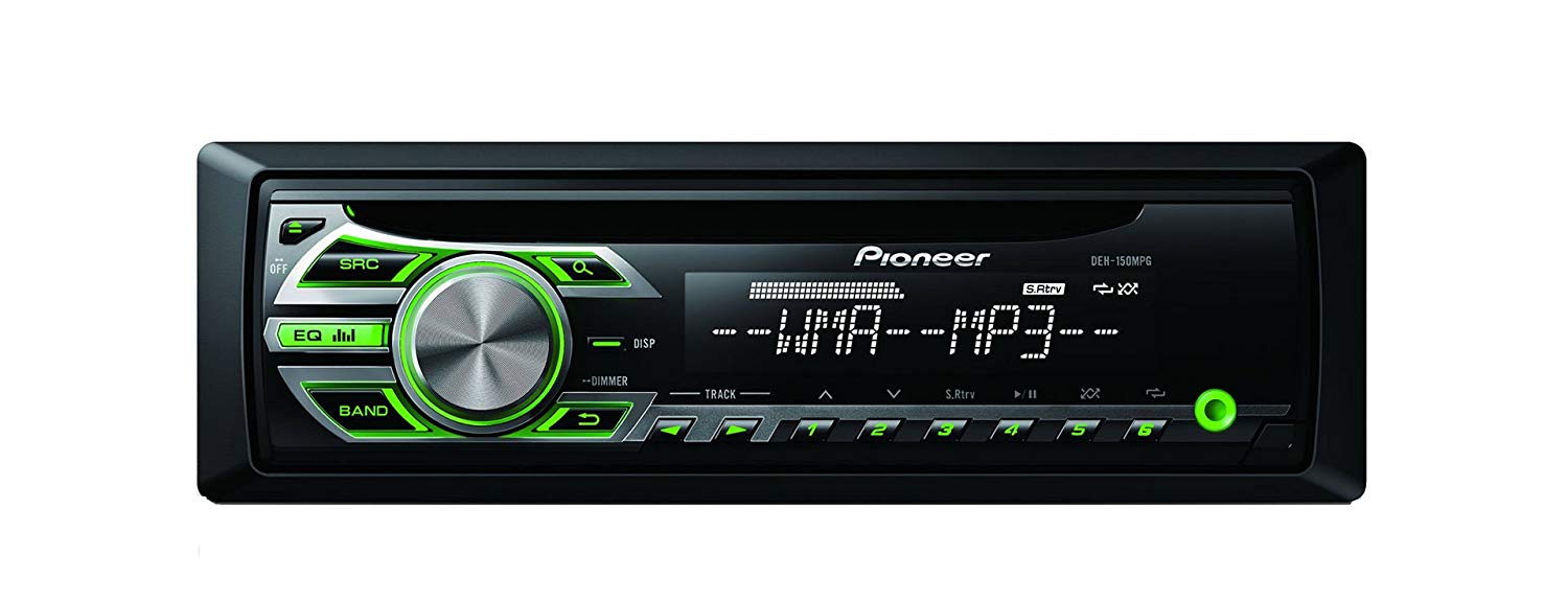 Pioneer DEH-150MPG CD RDS Tuner with WMA/MP3 playback and front illuminated Aux-In (Green), Black, 1-DIN