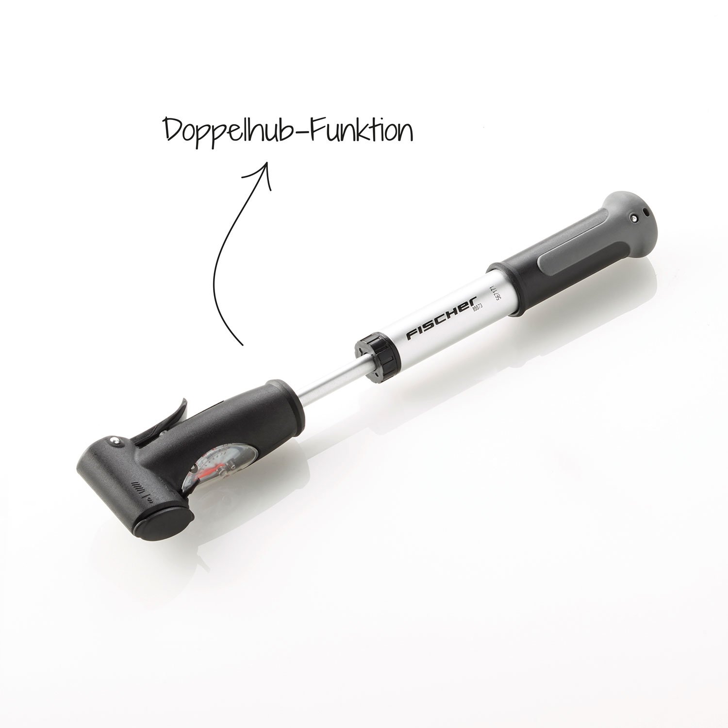 Fischer Mni Aluminium with Double Action Dual Head Mini Pump - Silver, 85573 - Image 2