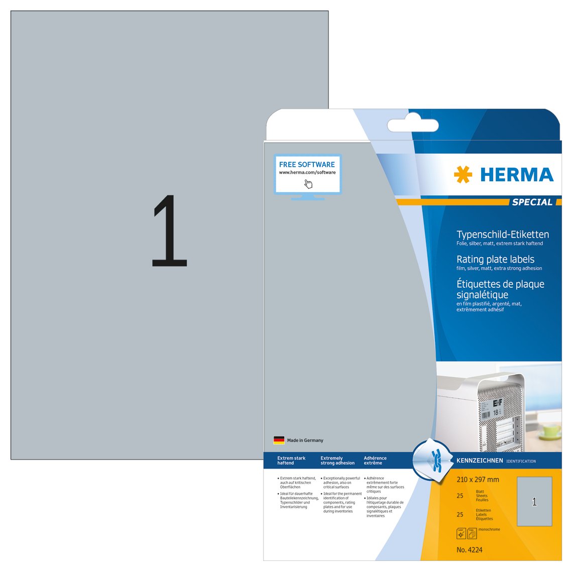 HERMA Self Adhesive Name Plate Film Labels, 1 Label per A4 Sheet, 25 Sheets, 210 x 297 mm, 25 Labels