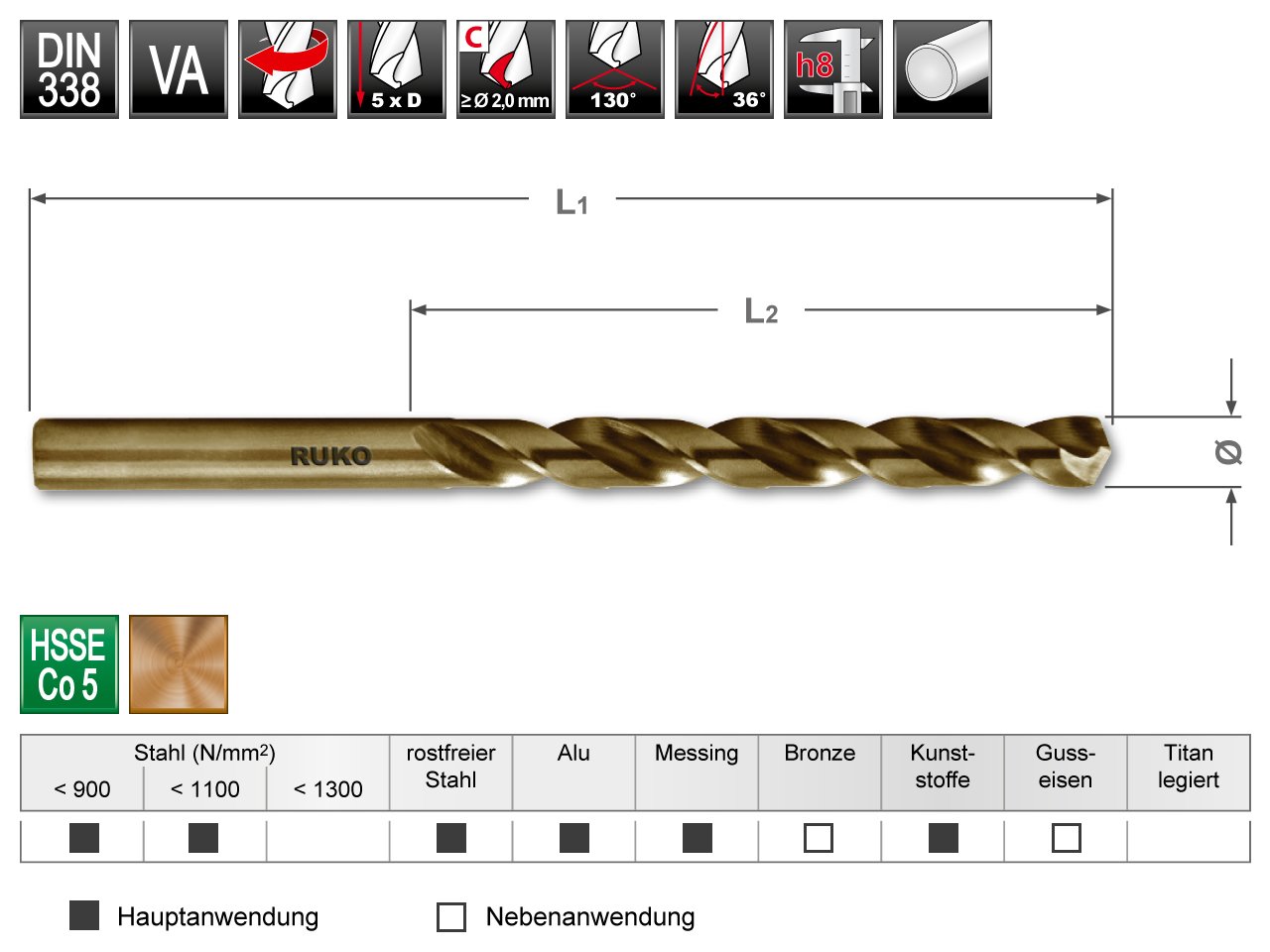 Ruko HSSE-Co 5 Twist Drill Bit, DIN 338, Type VA, Gold Finish, 12.0 mm Diameter, 151.0 mm Length, R215120 - Image 2