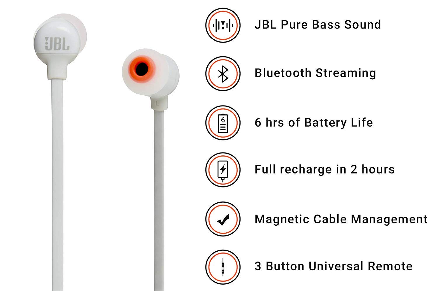 JBL TUNE 110BT Wireless In-Ear Headphones with Bluetooth – Neck flat tangle-free cable – Up to 6 hours of music – White - Image 2