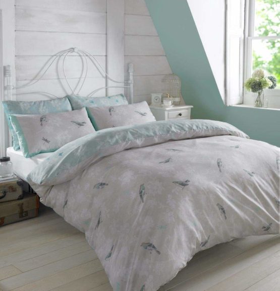 Dreamscene Luxurious Vintage Birds Duvet Set with Pillowcase, Polyester/Cotton, Mint/Light Blue, Double,VINTBIRDLB02