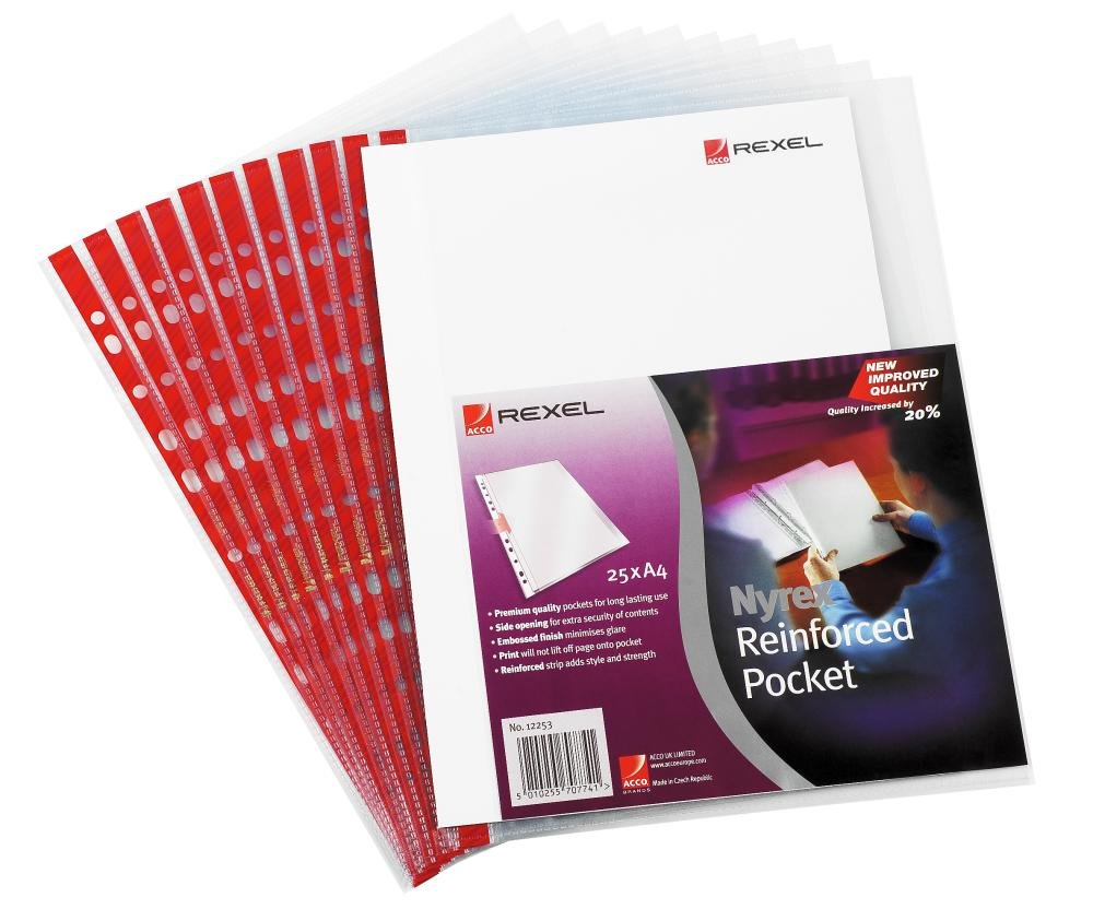 Rexel Quality A4 Punched Pockets with Red Spine, Left Opening, Embossed, Pack of 25, 12253, 75 Micron