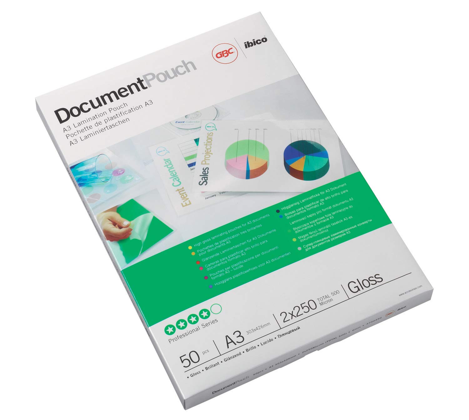 GBC A3 2x250 Micron Gloss Laminating Pouches, Pack of 50, 3740450, Pack 50
